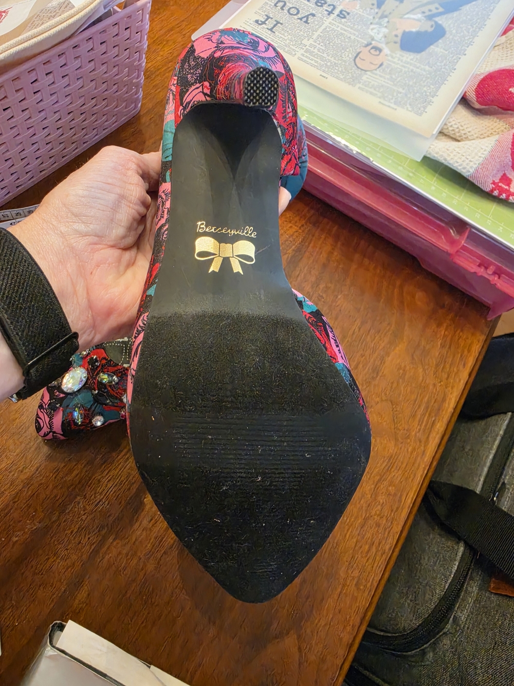 Betsey Johnson Jeweled Floral Pointed-Toe Heels in Pink & Teal - Picture 4 of 4